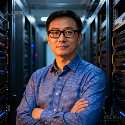 人人体育CTO李明，38岁男性，戴黑框眼镜，穿蓝色格子衬衫，站在服务器机柜前双手交叉，神情专注自信